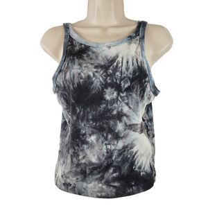 DKNY Tank Top Size Large Black White Tie Dye Rib Knit High Neck Cropped Womens